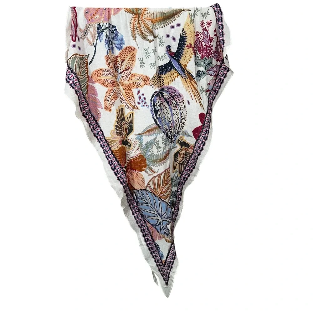 J. Jill White Multi Printed Stamp Scarf Bird Floral Botanical Square Fringed